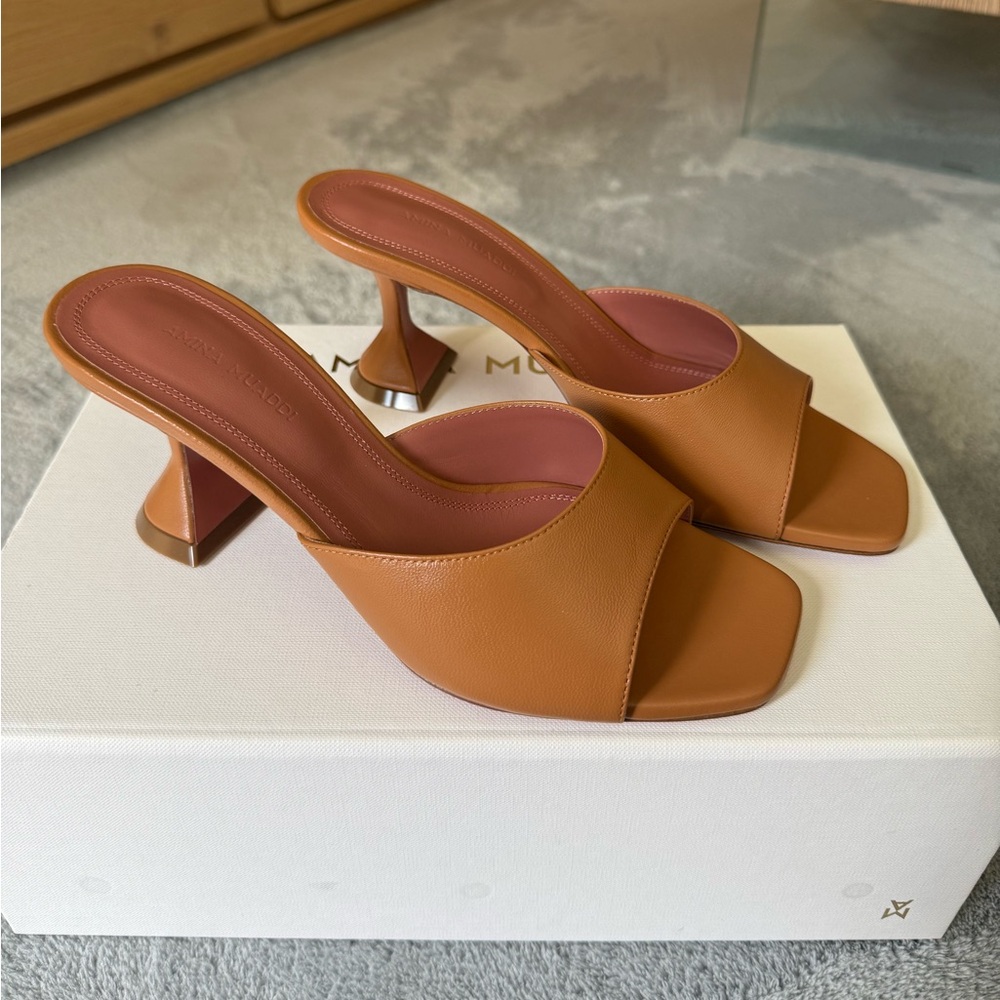 Amina Muaddi Lupita 70mm mule heels Latte 37